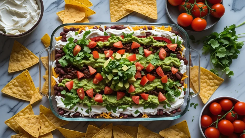 A fully assembled layered taco dip recipe featuring refried beans, cream cheese, salsa, guacamole, fresh lettuce, tomatoes, and shredded cheese in a clear dish