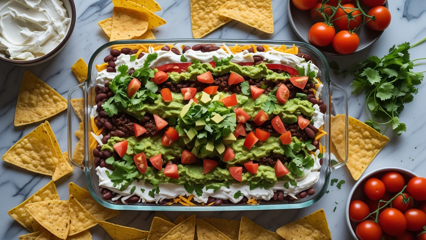 A fully assembled layered taco dip recipe featuring refried beans, cream cheese, salsa, guacamole, fresh lettuce, tomatoes, and shredded cheese in a clear dish