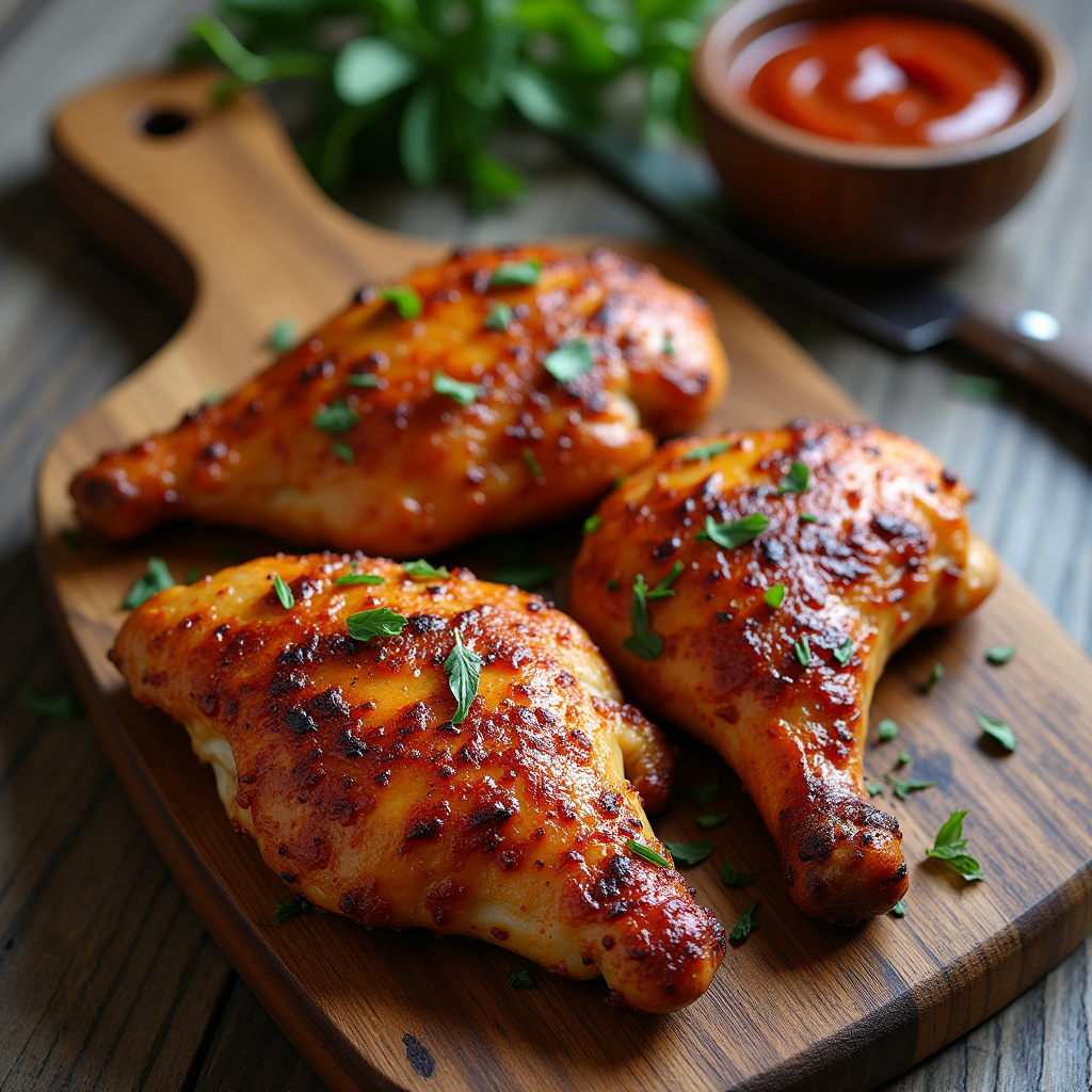 Overhead view of a smoked chicken breast recipe with a golden crust, garnished with fresh herbs on a rustic wooden board