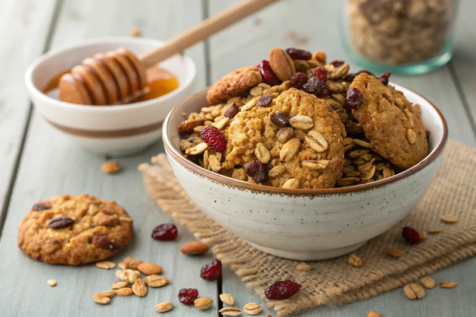 Cookie and Kate granola in a bowl with honey drizzle