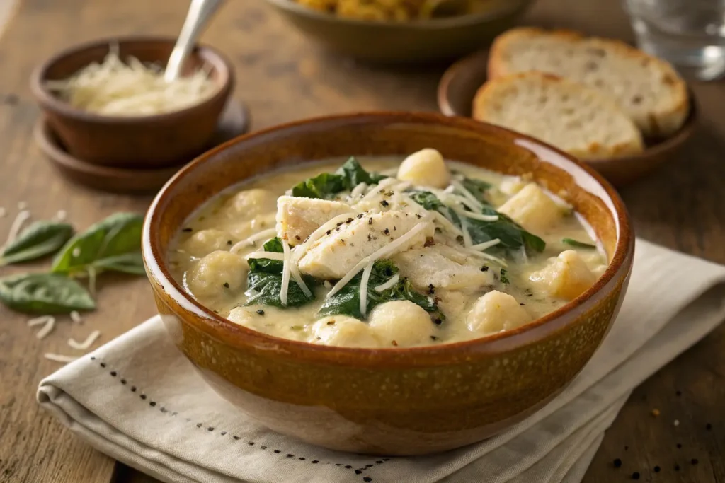 Crock pot chicken gnocchi soup served in a rustic bowl with Parmesan and black pepper.