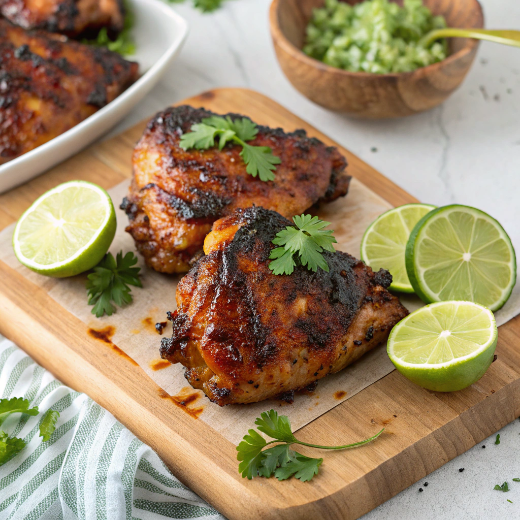 Smoky chipotle chicken recipe featured image showing grilled, golden-brown chicken in a vibrant marinade with charred chipotle flavor