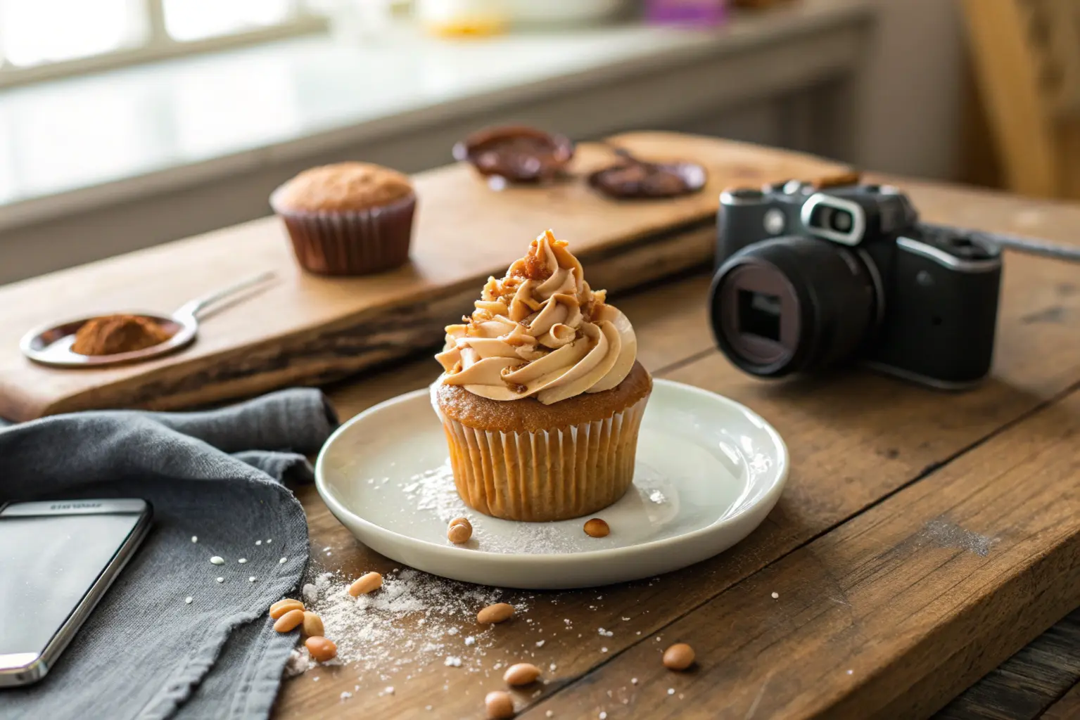 Salted caramel cupcake from Brown Eyed Baker on rustic wooden counter