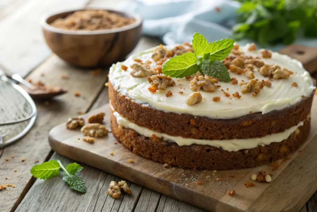 Carrot cake with cream cheese frosting on a rustic wooden table