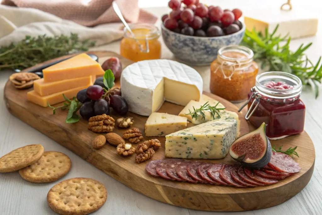 cheese board with assorted cheeses, meats, crackers, and fruits