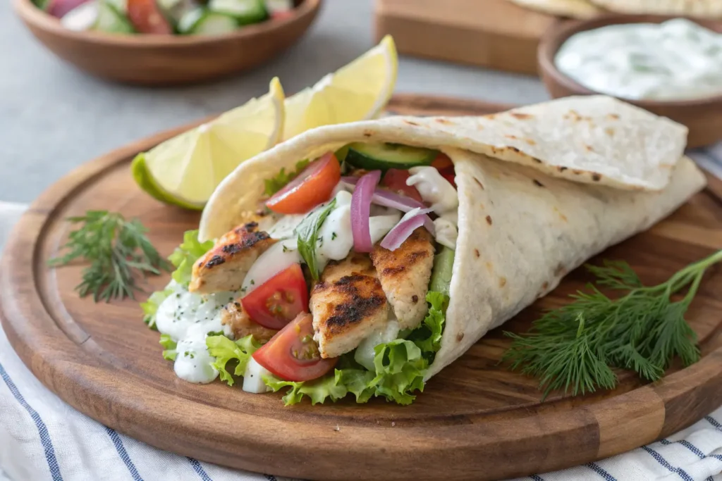 Chicken pita wrap with grilled chicken, tzatziki sauce, and fresh vegetables.