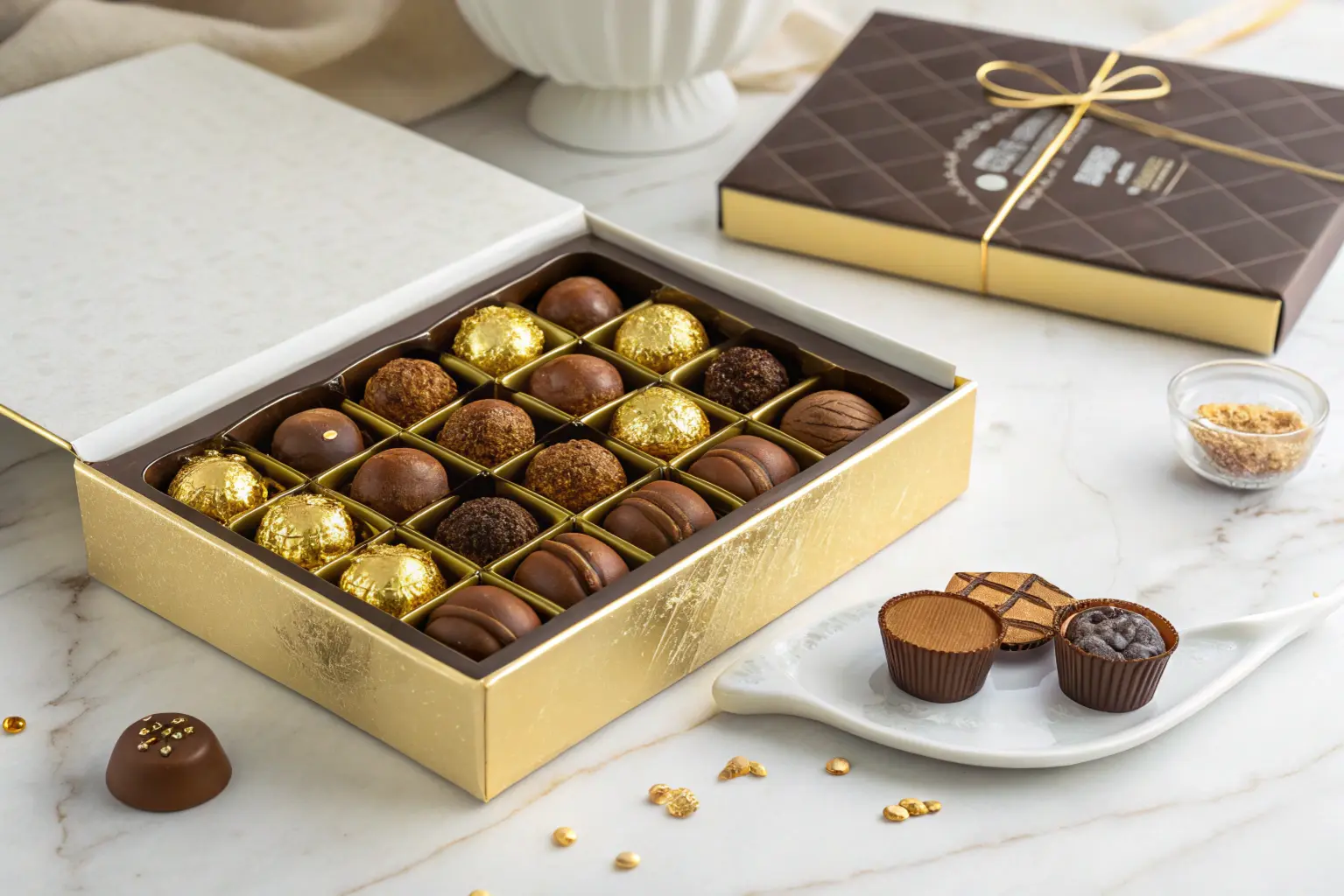 Luxury Dubai chocolate gift box with camel milk and saffron pralines