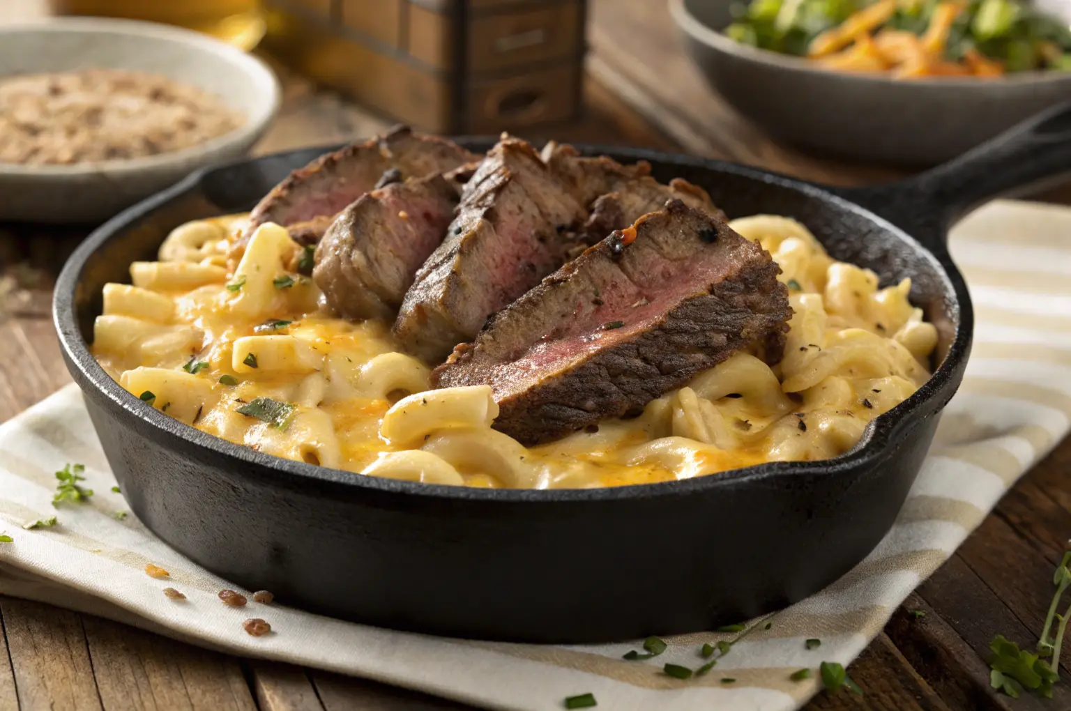 Steak Mac and Cheese Close-Up in Skillet