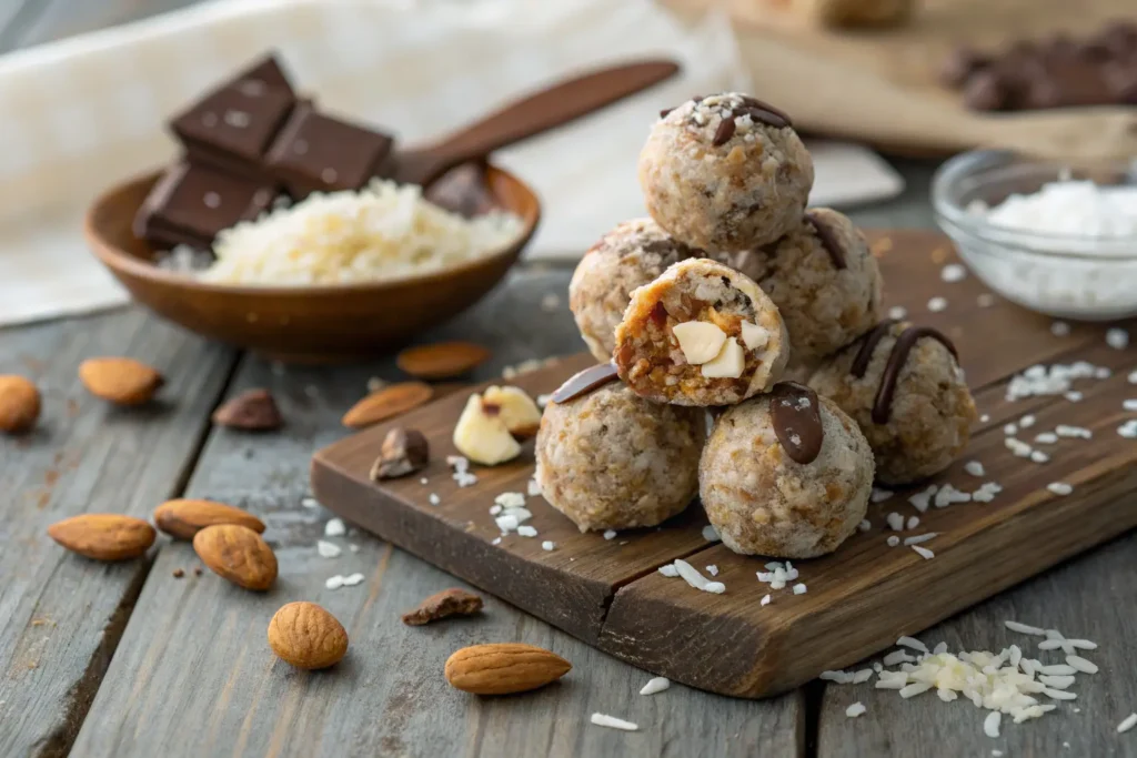 Close-up of Almond Joy Protein Balls stacked with chocolate, coconut, and almonds