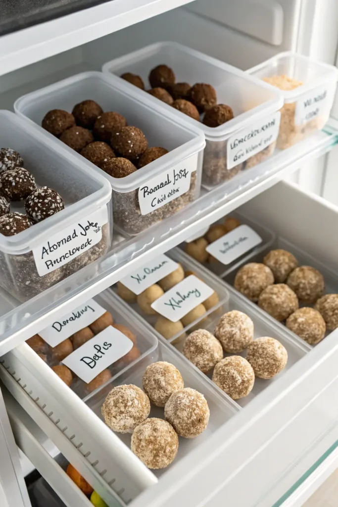 Meal-prepped Almond Joy Protein Balls stored in freezer containers