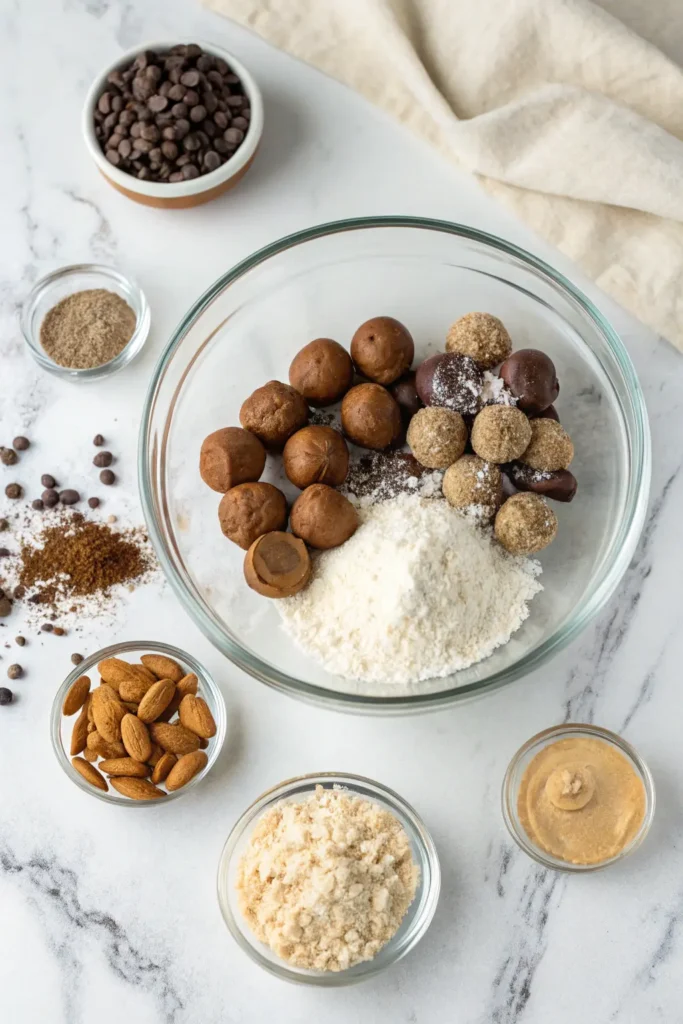 Ingredients for Almond Joy Protein Balls laid out in bowls