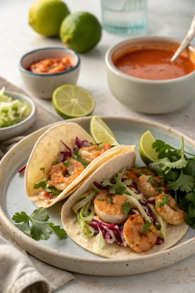 Assembled Bang Bang Shrimp Tacos with Slaw and Lime