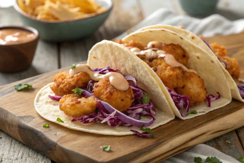 Bang Bang Shrimp Tacos Recipe with spicy sauce and slaw