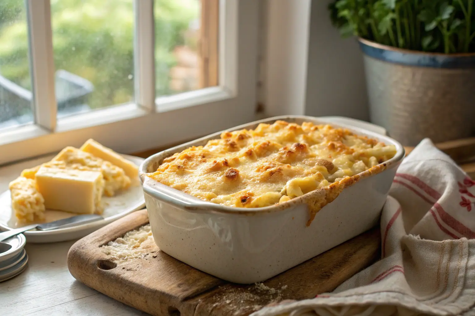 Creamy baked mac and cheese in rustic white dish