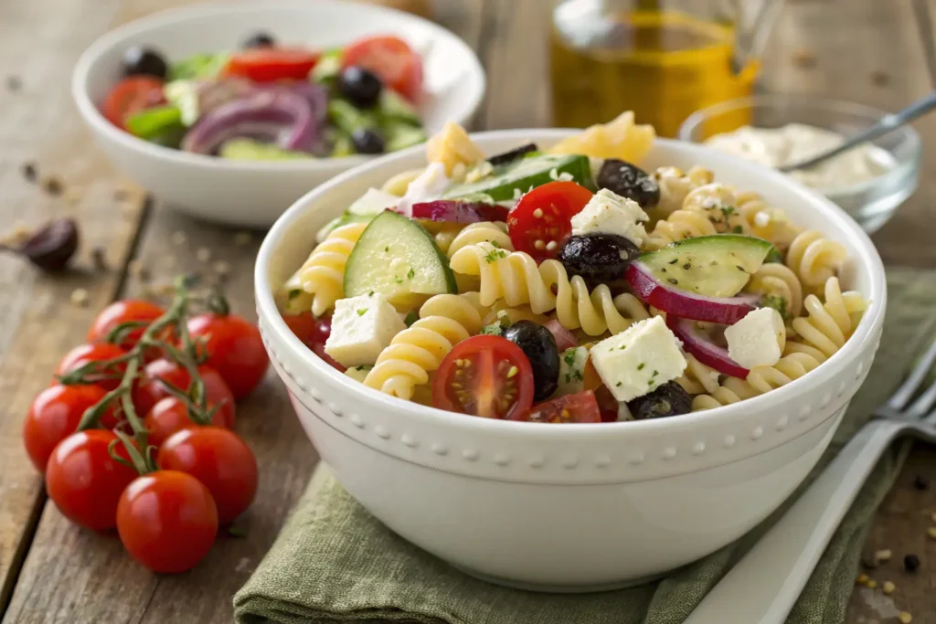 Easy Greek Pasta Salad in a ceramic bowl