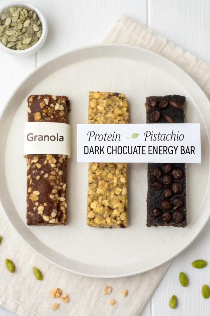 Granola vs protein vs pistachio dark chocolate energy bars comparison