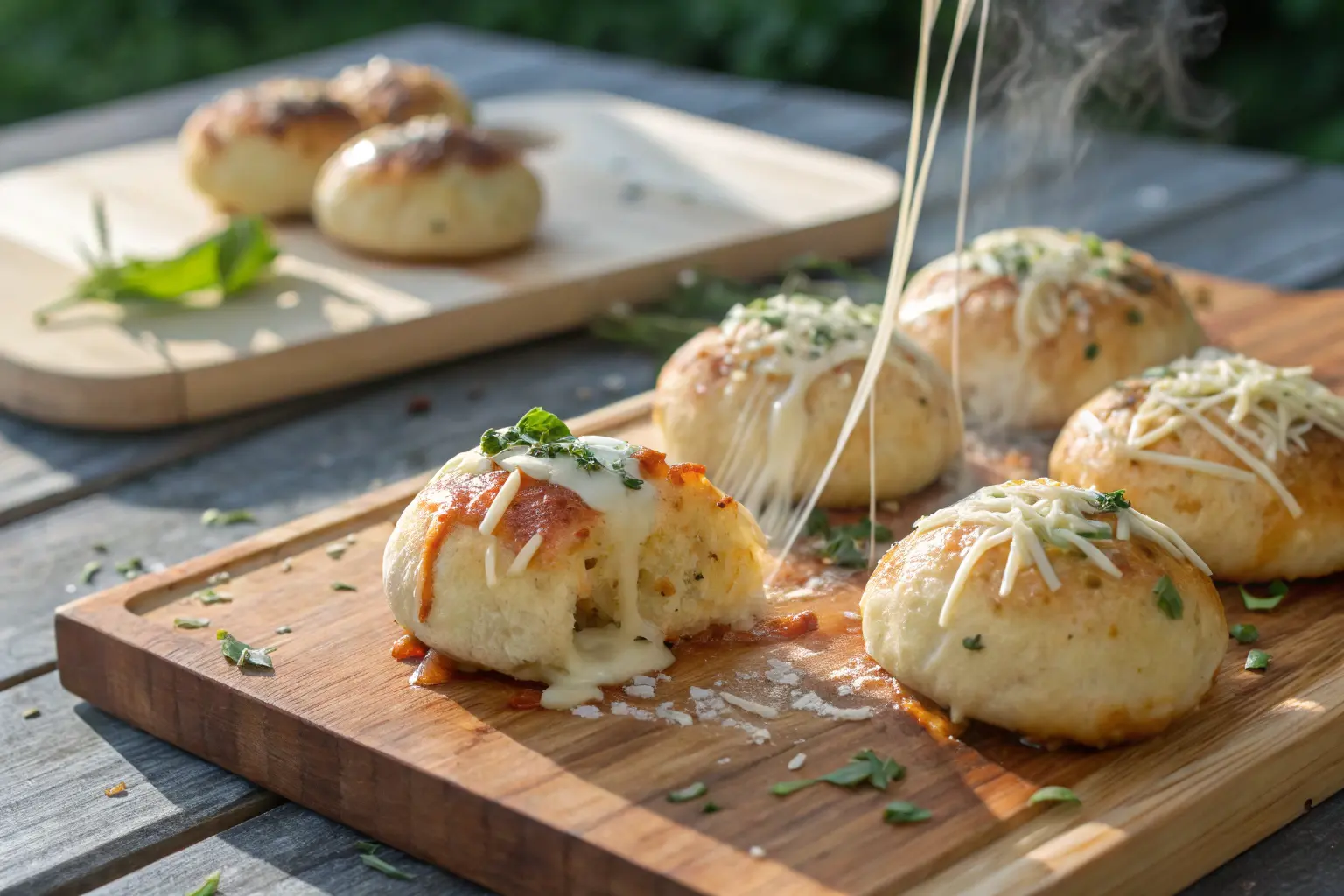 Gooey Mozzarella Biscuit Bombs fresh from the oven with melted cheese