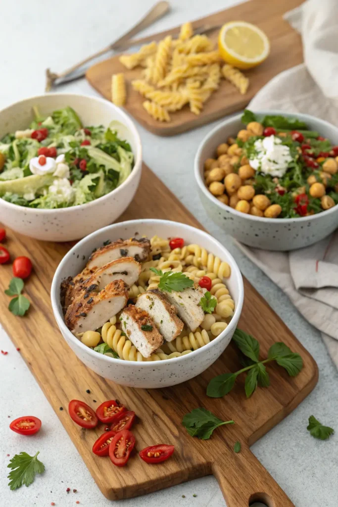 Variations of Easy Greek Pasta Salad with different proteins and spice levels