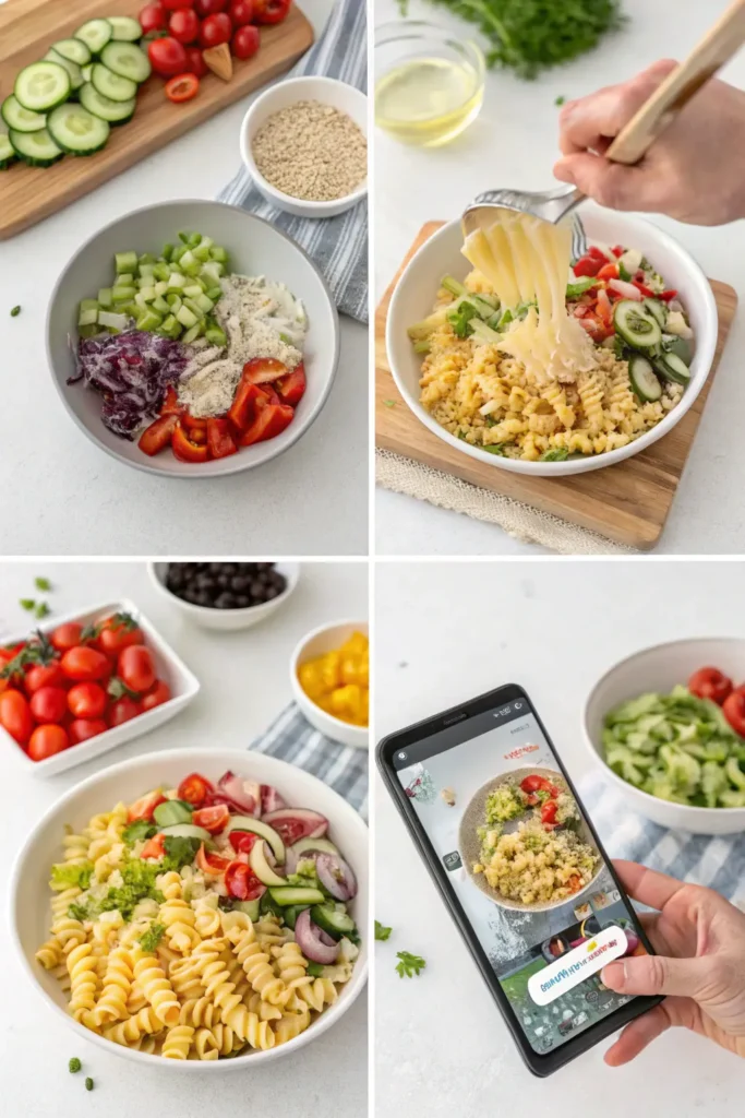 Step-by-step process for making Easy Greek Pasta Salad