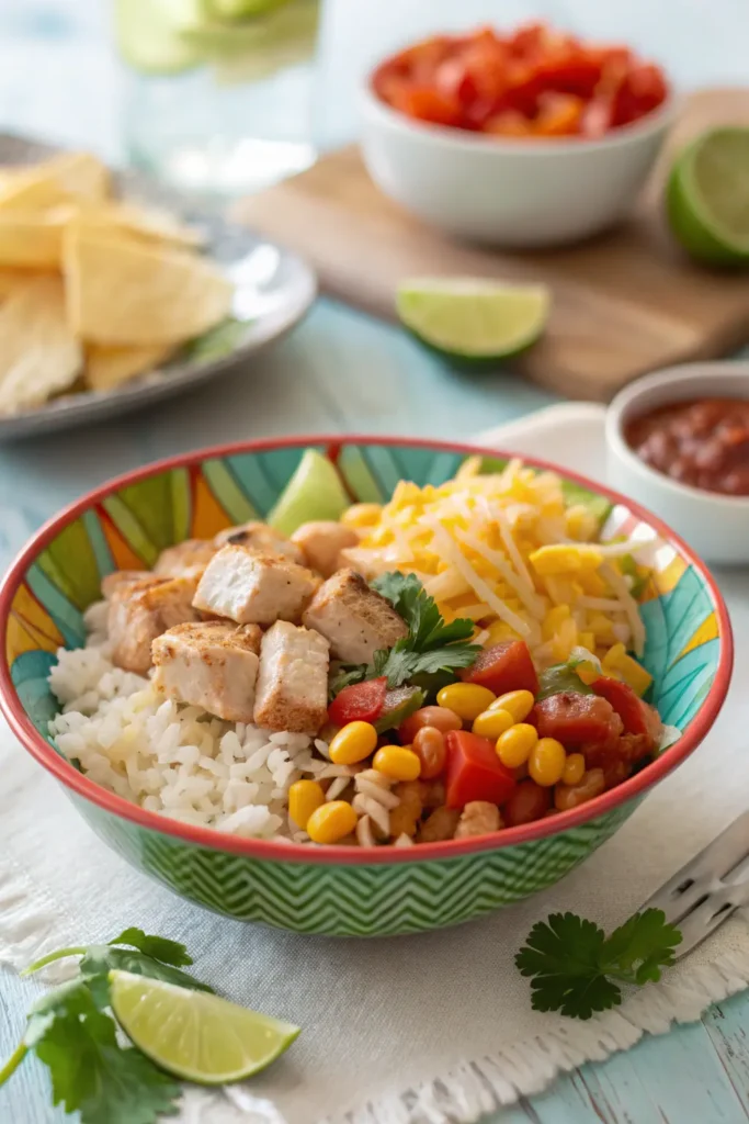 Kid-friendly Taco Chicken Burrito Bowl with simple toppings