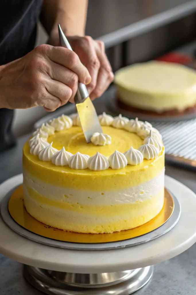 Layering lemon velvet cake with lemon cream cheese