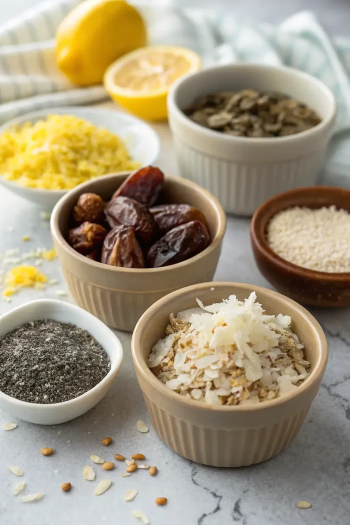 Ingredients for lemon coconut energy balls in bowls