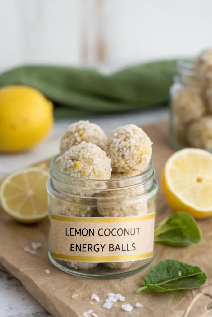 Lemon coconut energy balls in a jar