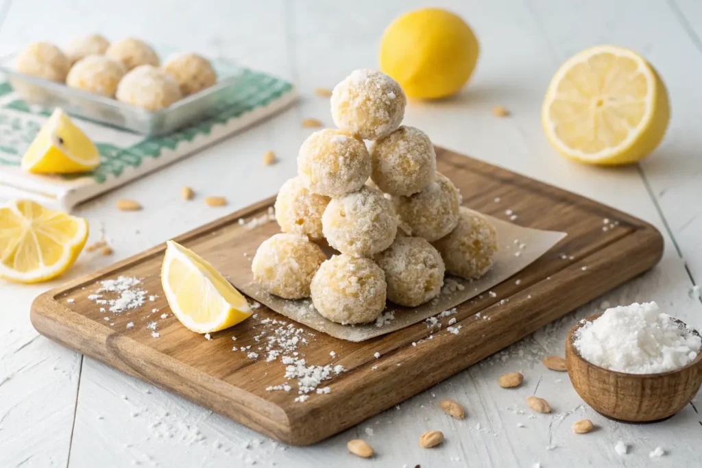 Lemon Coconut Energy Balls on wooden tray with lemon slices