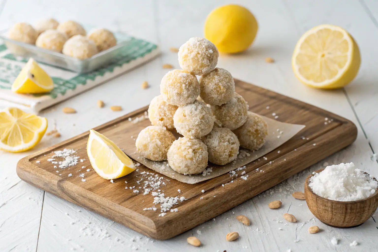 Lemon Coconut Energy Balls on wooden tray with lemon slices