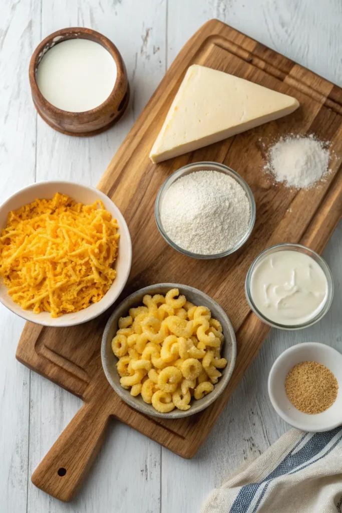 Ingredients for creamy baked mac and cheese laid out on table