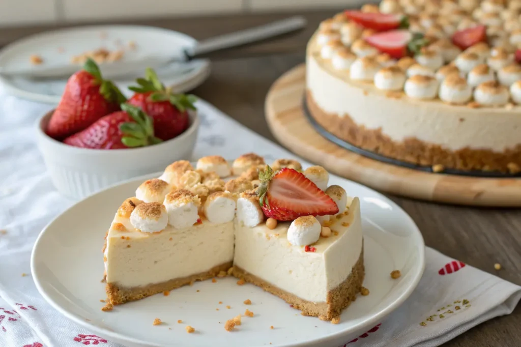 Marshmallow Cheesecake with toasted marshmallows and fresh strawberries