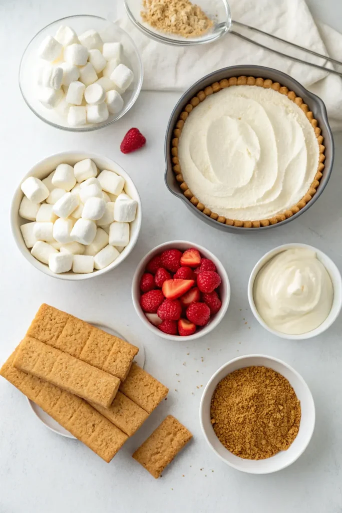 Marshmallow Cheesecake ingredients displayed on a countertop
