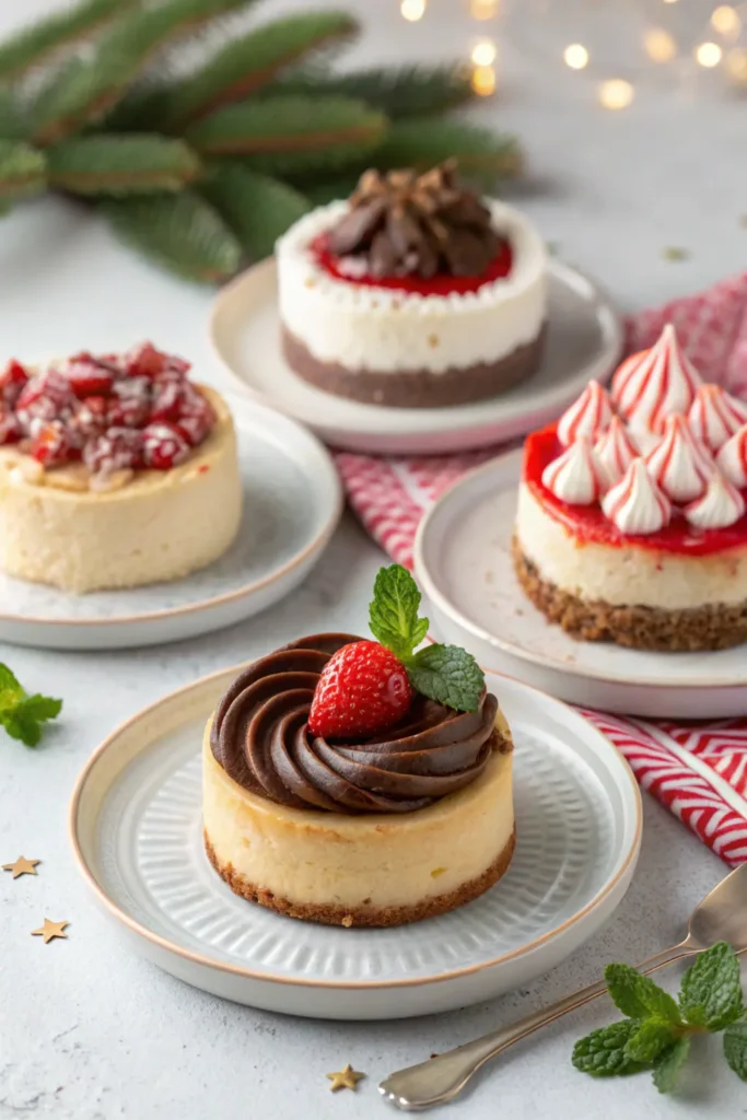 Three variations of marshmallow cheesecake on festive plates
