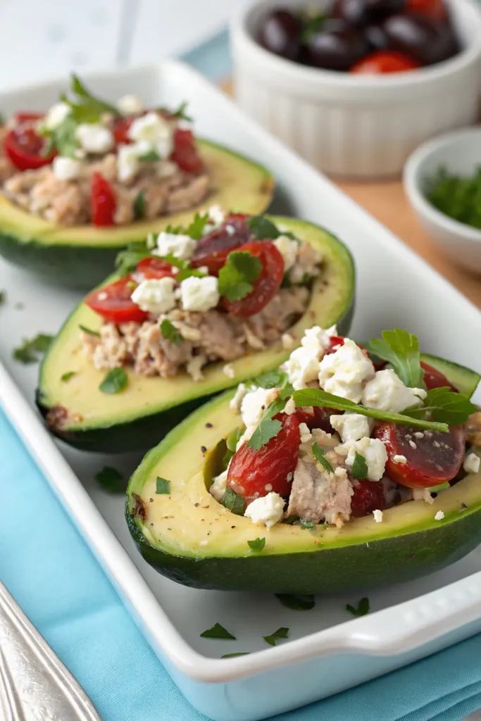 Mediterranean variation of tuna stuffed avocados with feta and olives