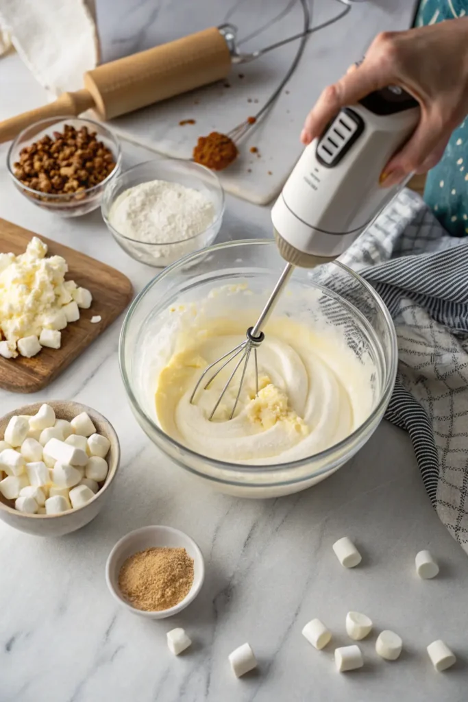 Mixing cream cheese and melted marshmallows for cheesecake