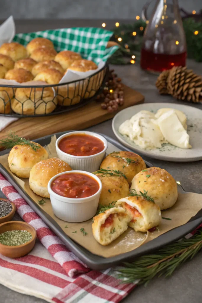 Party platter of Gooey Mozzarella Biscuit Bombs with dips