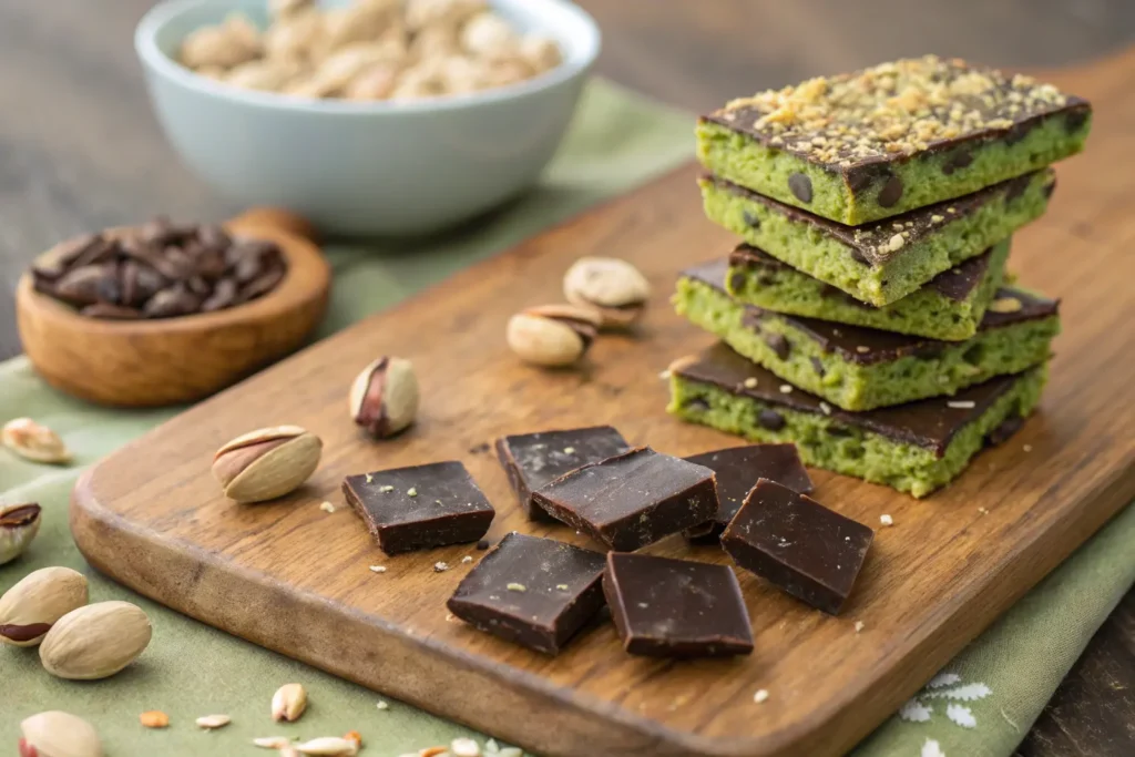 Pistachio Dark Chocolate Energy Bars stacked with nuts and dark chocolate
