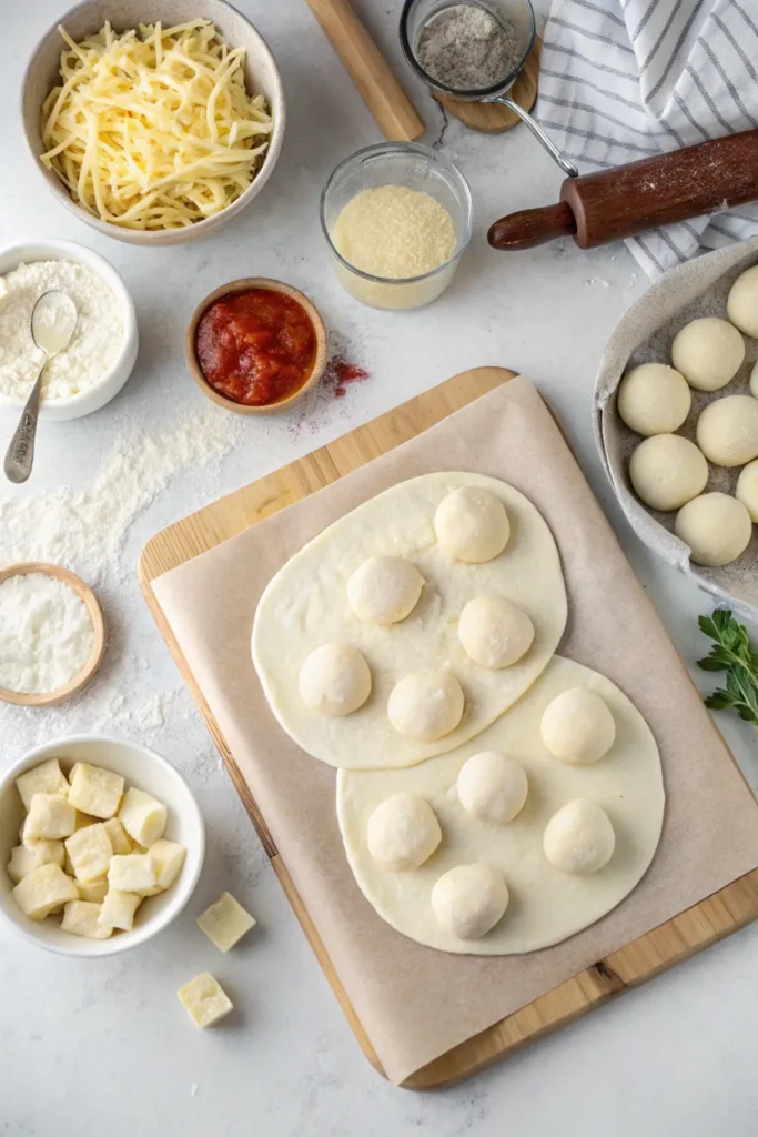 Preparing biscuit dough with mozzarella cheese for gooey bombs