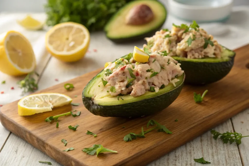 Protein-Packed Tuna Stuffed Avocados on rustic wooden board