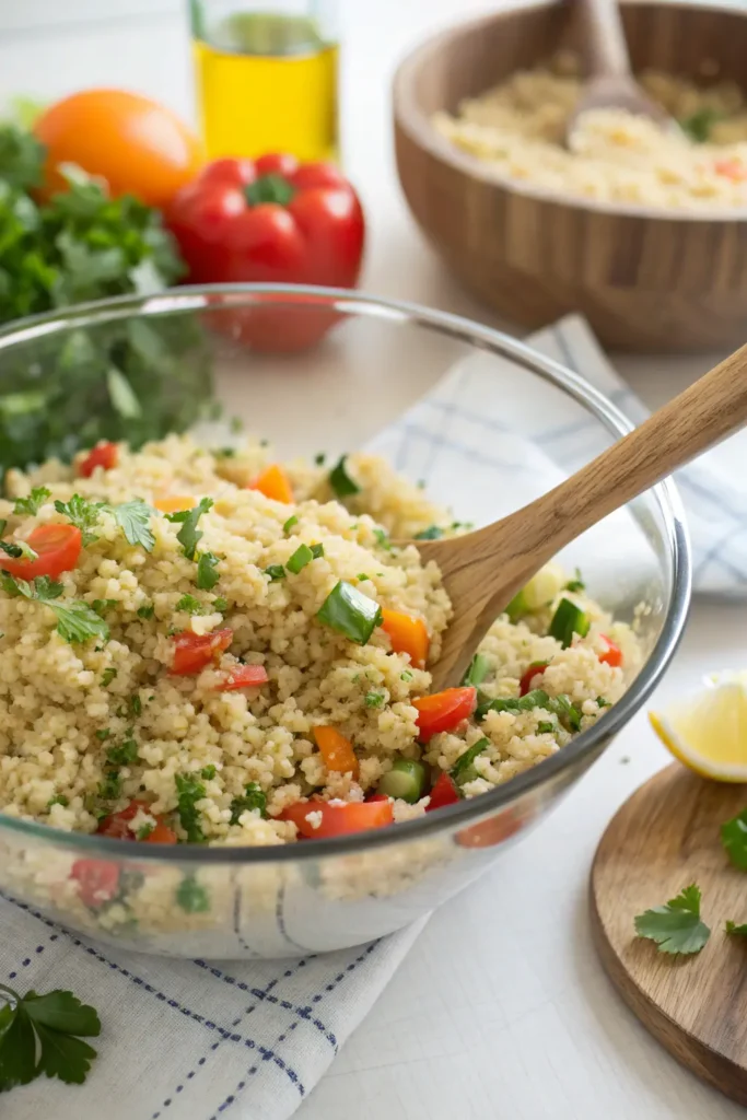 Preparing quinoa salad with vegetables in a glass bowl