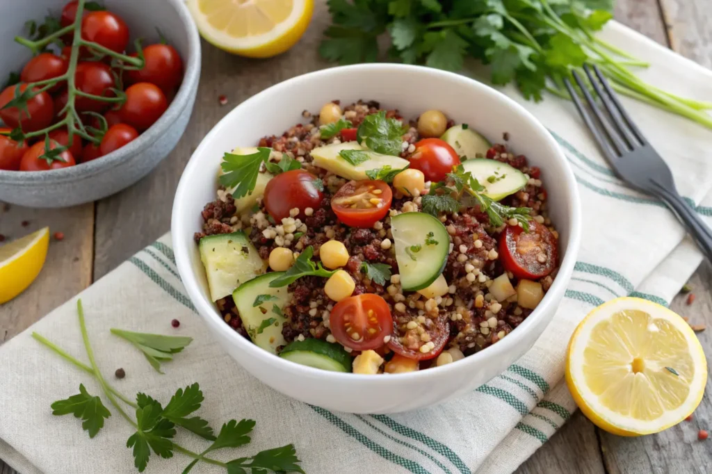 Colorful quinoa salad with vegetables and lemon wedges