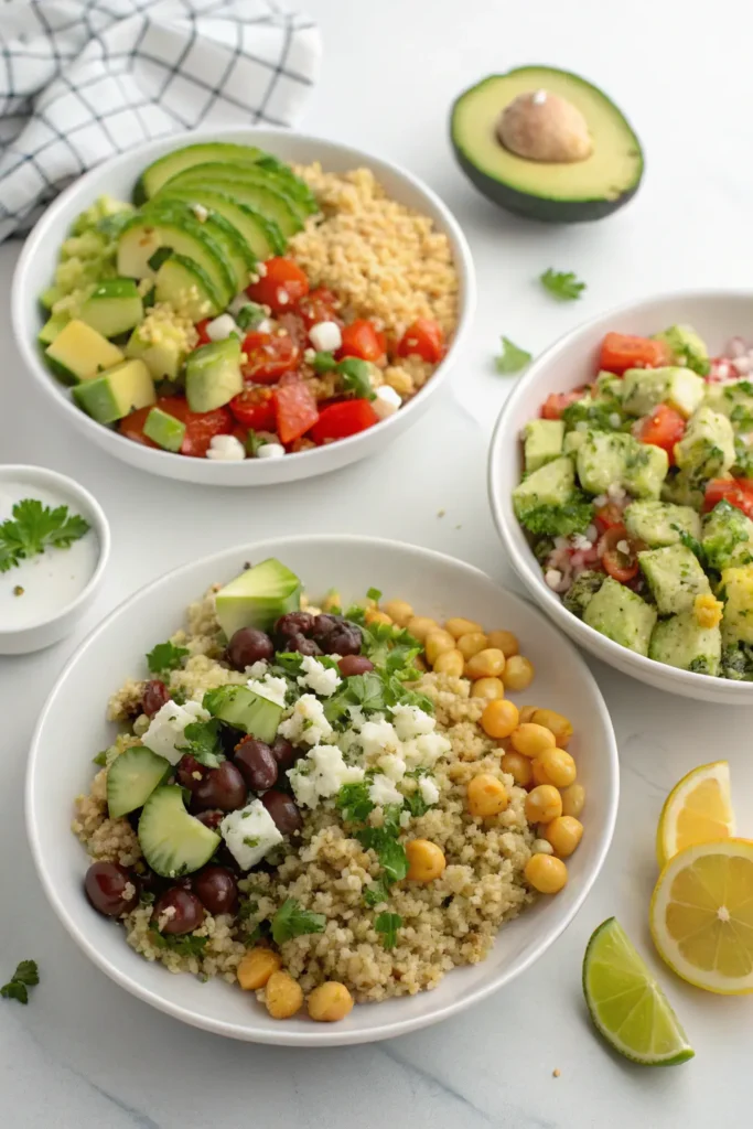 Three quinoa salad recipe variations on plates