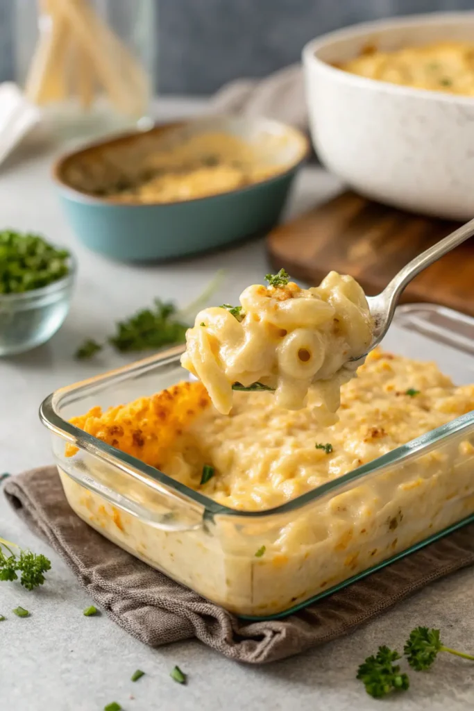 Reheated creamy baked mac and cheese in meal prep container