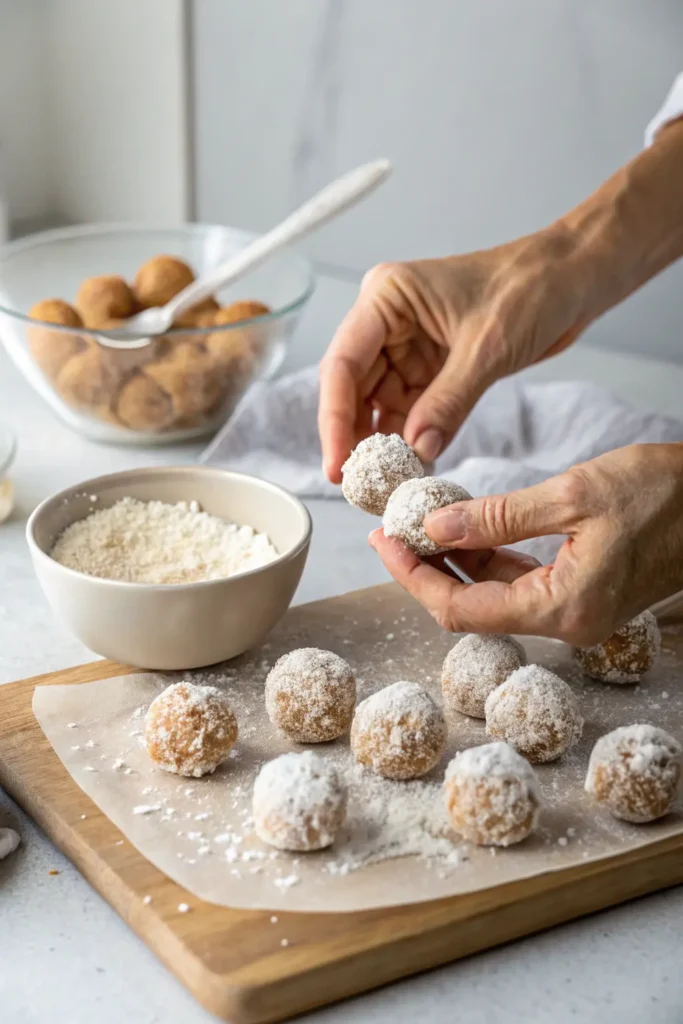 Rolling lemon coconut energy bites by hand