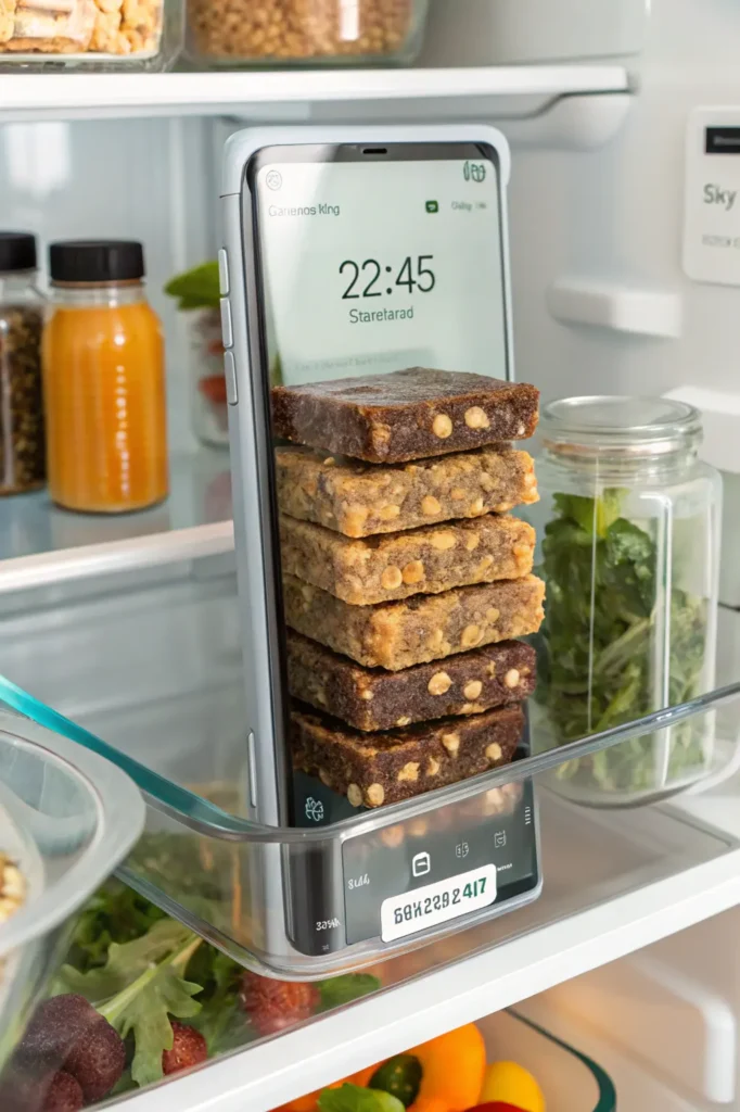 Pistachio Dark Chocolate Energy Bars stored in fridge container