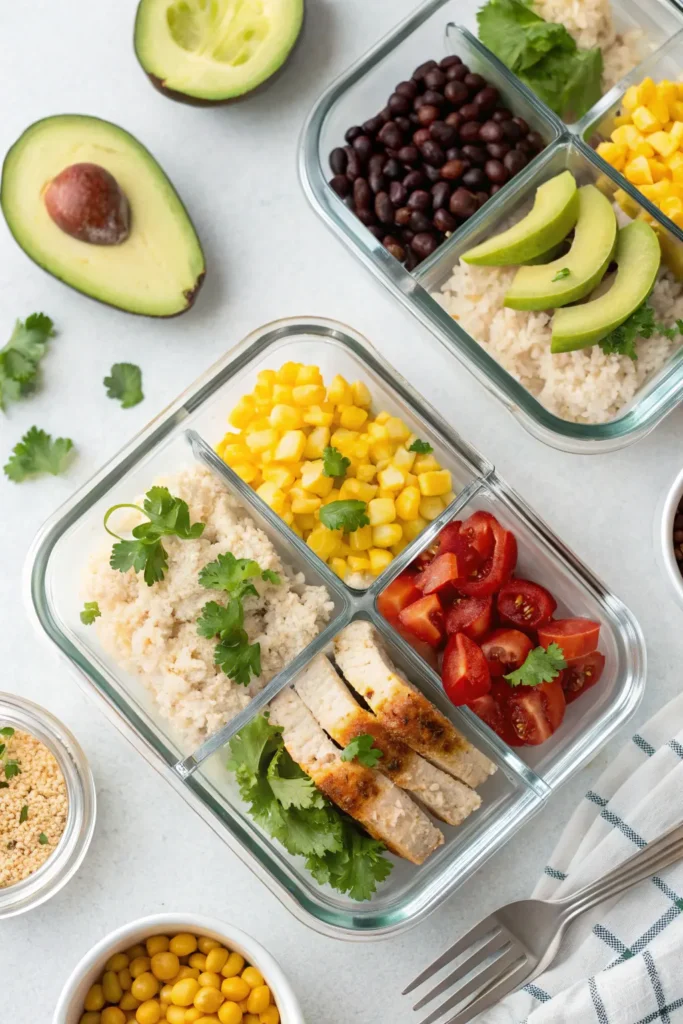 Meal-prepped Taco Chicken Burrito Bowls in glass containers