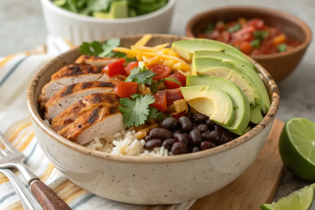 Taco Chicken Burrito Bowls with grilled chicken and colorful toppings
