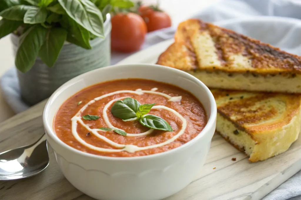 Creamy Tomato Basil Bisque in a white bowl with grilled cheese