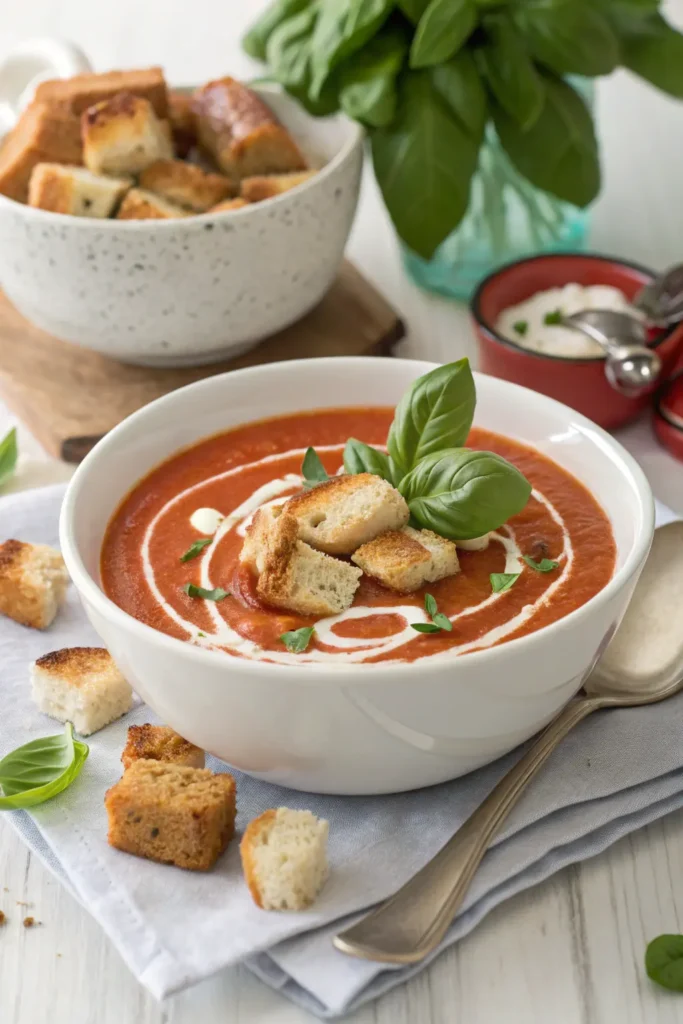 Tomato Basil Bisque with cream swirl and croutons