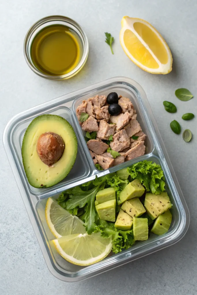 Meal prep container with tuna salad and avocado halves